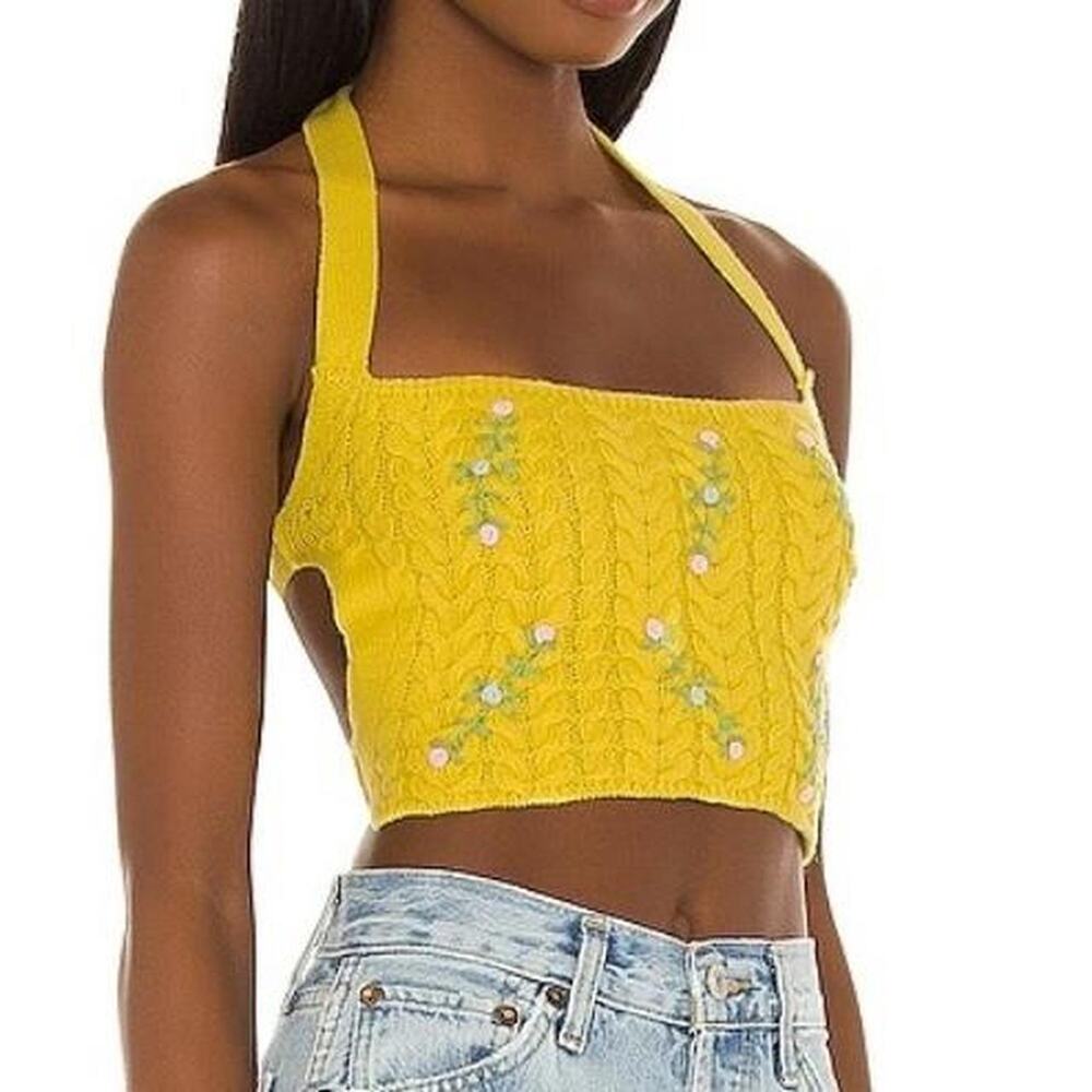 Danielle Guizio Cableknit Floral Halter Top